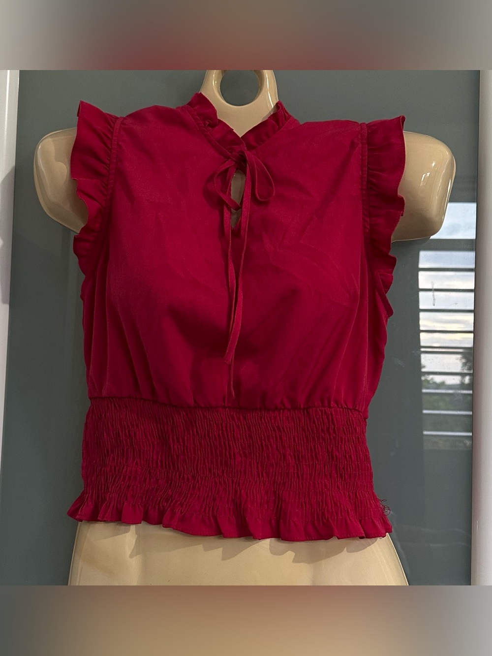 Women's Fuchia Ruffle Tie-Neck Blouse